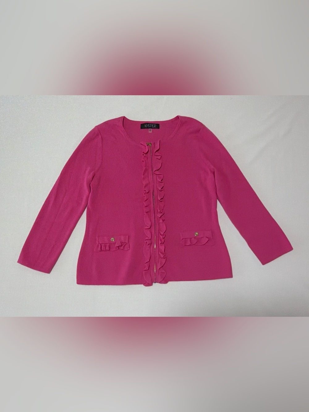 Kasper Hot Pink Ruffle Zip-Front Cardigan